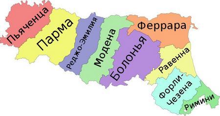 Провинции Эмилии-Романьи на карте региона